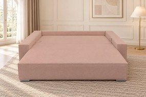 Canapea extensibilă Perla din boucle, roz pudră, cu ladă de depozitare