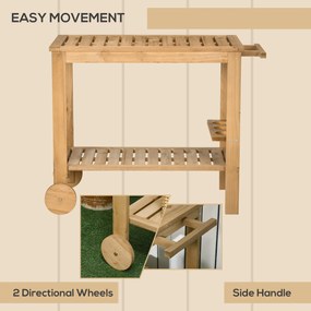 Outsunny Carucior de Grădină cu Roți din Lemn de Brad, Carucior de Servire cu Rafturi din Șipci, 2 Rafturi, 3 Suporturi pentru Sticle și Mâner, pentru Grădină Terasă Patio 95x47x74 cm, Culoare Lemn | Aosom Romania