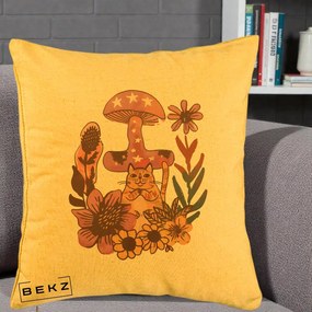 Perna Decorativa Ciuperca Pisica Boho, 40x40 cm, Galben, Husa Detasabila, Perna Inclusa, BEKZ®