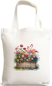 Sacosa de Panza pentru Cumparaturi, Geanta Tote, model Flamingo 6 38 x 34.5 cm, Alba, BEKZ®