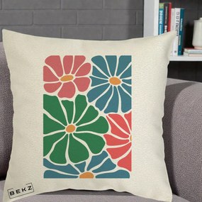 Perna Decorativa Flori Grafice Verde-Roz-Albastru, 40x40 cm, Ecru, Husa Detasabila, Perna Inclusa, BEKZ®
