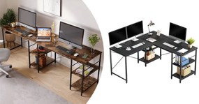 Birou in forma de L, cu rafturi, transformabil, negru