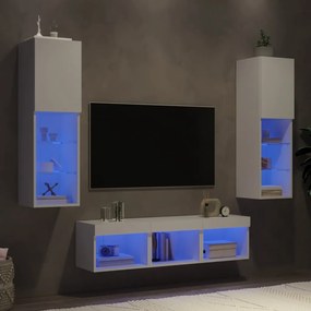 Unitati de perete TV cu LED-uri, 5 piese, alb, lemn prelucrat