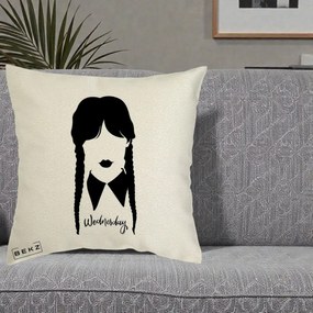 Perna Personalizata Wednesday Addams Silueta Alb-Negru, 40x40 cm, Ecru, Husa Detasabila, Perna Inclusa, BEKZ®