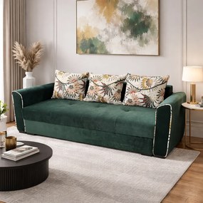 Canapea LILI extensibila, 3 locuri, cu lada de depozitare, culoare verde , 220x95x80 Verde padure, Catifea