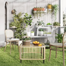 Outsunny Masă de grădină din Polyrattan, 65 x 65 x 43 cm, masă laterală rezistentă la intemperii, pătrată, cu blat din sticlă, lemn natural | Aosom Romania