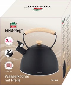 Ceainic cu fluier Kinghoff KH 1999, 2,5 l, Otel inoxidabil, Maner din lemn, Toate plitele inclusiv inductie, Negru mat