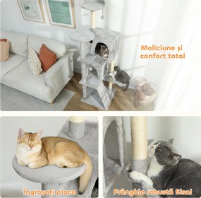PawHut Arbore de Zgâriat pentru Pisici Înalt de 160 cm cu 2 Căsuțe, Hamac, Pat și Stâlpi din Sisal, Gri | Aosom Romania