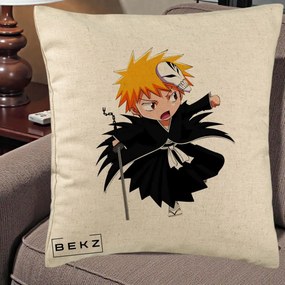 Perna Personalizata Bleach Ichigo Chibi cu Masca, 40x40 cm, Bej, Husa Detasabila, Perna Inclusa, BEKZ®
