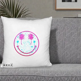 Perna Decorativa Smiley Face Tropical Glitter Roz, 40x40 cm, Alb Pufos, Husa Detasabila, Perna Inclusa, BEKZ®
