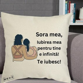 Cadou pentru Sora - Perna Personalizata Sora Mea Te Iubesc Doua Fete Fashioniste Line Art, 40x40 cm, Ecru, Husa Detasabila, Perna Inclusa, BEKZ®