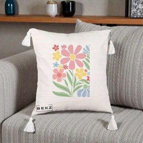 Perna Decorativa Flori Grafice Roz Pastel, 40x40 cm, Bej cu Franjuri, Husa Detasabila, Perna Inclusa, BEKZ®