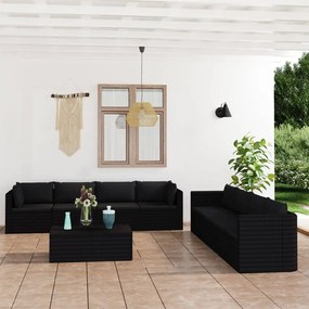 3059503 vidaXL Set mobilier de grădină cu perne, 9 piese, negru, poliratan