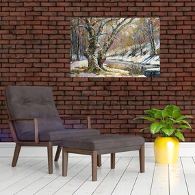Tablou cu peisaj de iarnă pictat (90x60 cm)