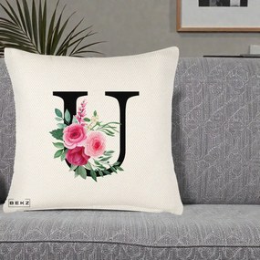 Cadou Personalizat - Perna Personalizata Monograma Florala Litera U, 40x40 cm, Crem Reliefat, Husa Detasabila, Perna Inclusa, BEKZ®