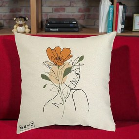 Perna Decorativa Portret Feminin Floare Portocalie, 40x40 cm, Ecru, Husa Detasabila, Perna Inclusa, BEKZ®