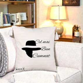 Cadou pentru Cumnat - Perna Personalizata Cel mai Bun Cumnat cu Silueta Palarie, 40x40 cm, Bej cu Franjuri, Husa Detasabila, Perna Inclusa, BEKZ®