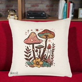 Perna Decorativa Ciuperci Boho Multicolore, 40x40 cm, Crem Reliefat, Husa Detasabila, Perna Inclusa, BEKZ®