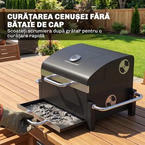Outsunny Grătar Pe Cărbuni cu Orificii de Ventilație, Sertar pentru Cenușă, Grătar Portabil cu Termometru, Grătare, Capac, Mâner din Oțel Inoxidabil, BBQ pe Cărbuni pentru Grădină Camping, Negru | Aosom Romania
