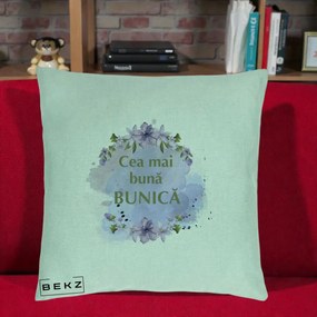 Cadou pentru Bunica - Perna Personalizata Cea Mai Buna Bunica Flori Mov Acuarela Auriu, 40x40 cm, Verde Menta, Husa Detasabila, Perna Inclusa, BEKZ®