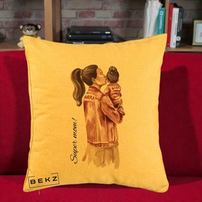 Cadou pentru Mama - Perna Personalizata Super Mom Jachete Roz, 40x40 cm, Galben, Husa Detasabila, Perna Inclusa, BEKZ®