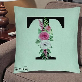 Cadou Personalizat - Perna Personalizata Monograma Florala Litera T, 40x40 cm, Verde Menta, Husa Detasabila, Perna Inclusa, BEKZ®