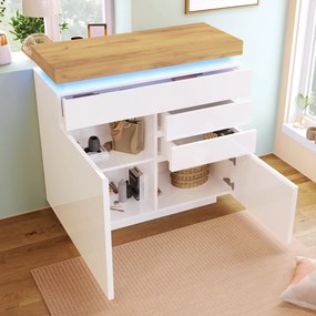 Comodă cu 2 uși &amp; 3 sertare, iluminare LED, dulap multifuncțional pentru living și dormitor, 110x39x115 cm, Alb