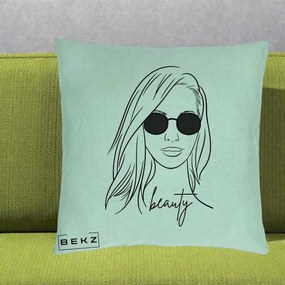 Perna Decorativa Beauty Girl Line Art, 40x40 cm, Verde Menta, Husa Detasabila, Perna Inclusa, BEKZ®