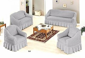 Set huse elastice si creponate pentru canapea 3 locuri, canapea 2 locuri si 1 fotoliu, cu volanas, Gri