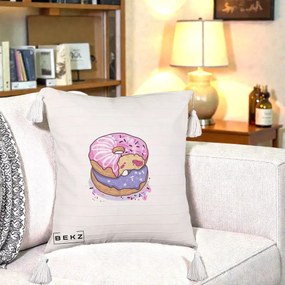 Perna Decorativa Donuts Roz si Mov, 40x40 cm, Bej cu Franjuri, Husa Detasabila, Perna Inclusa, BEKZ®