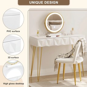 Masuta machiaj cu Oglinda LED si 3 Sertare pentru Cosmetice, Set Masa toaleta 100 cm, Alb Lucios, masuta cosmetica, vanity - SEA435