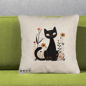Perna Decorativa Pisica Neagra Flori Pastel Folk, 40x40 cm, Bej Canapea, Husa Detasabila, Perna Inclusa, BEKZ®
