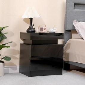 Noptieră cu 2 sertare, iluminare LED, Negru, 45x35x52 cm