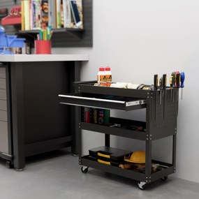 DURHAND Cărucior cu 3 Niveluri din Oțel cu Sertar, Suport Lateral pentru Unelte și Mâner, Negru | Aosom Romania