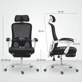 HOMCOM Scaun de Birou Rabatabil 135°, cu Suport pentru Picioare, Suport Lombar, Tetieră, Înălțime Reglabilă, din Plasă, Negru | Aosom Romania