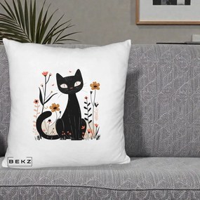 Perna Decorativa Pisica Neagra Flori Pastel Folk, 40x40 cm, Alb Pufos, Husa Detasabila, Perna Inclusa, BEKZ®