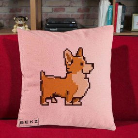 Perna Personalizata Corgi Pixel Art, 40x40 cm, Roz, Husa Detasabila, Perna Inclusa, BEKZ®