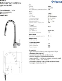 Baterie pentru bucătărie, cu pipă extractibilă BCS_072M