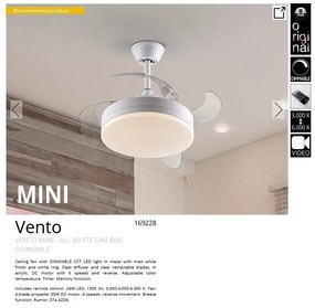Lustra LED cu Ventilator si telecomanda, lame retractabile Mini Vento alb