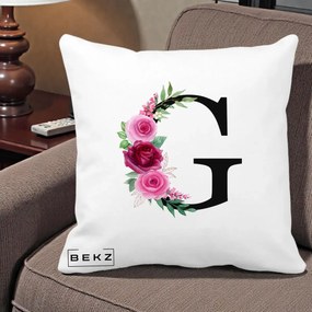 Cadou Personalizat - Perna Personalizata Monograma Florala Litera G, 40x40 cm, Alba Mata, Husa Detasabila, Perna Inclusa, BEKZ®