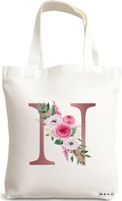 Sacosa de Panza pentru Cumparaturi, Geanta Tote, Cu litera N Rose Gold si Trandafiri, 38x34.5 cm, Alba, BEKZ®