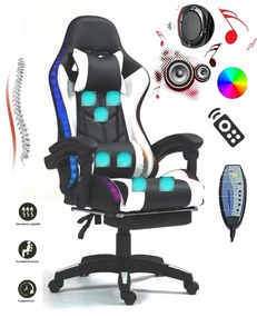 ALFORD Scaun gaming cu Masaj in 5 puncte, Perna lombara cu Masaj, Sistem iluminare banda LED RGB, Boxe Bluetooth, suport picioare, PU, Negru/Alb