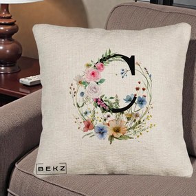 Cadou Personalizat - Perna Personalizata Monogram Litera C cu Flori Acuarela, 40x40 cm, Bej Canapea, Husa Detasabila, Perna Inclusa, BEKZ®