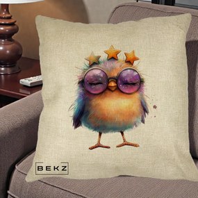 Perna Decorativa Pui Pop Star cu Ochelari Stele Violet, 40x40 cm, Crem, Husa Detasabila, Perna Inclusa, BEKZ®