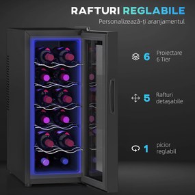 HOMCOM Frigider Termoelectric Dublu pentru 12 Sticle de Vin cu Ușă de Sticlă și Lumină LED, 26,5x51,5x65 cm, Negru | Aosom Romania