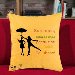 Cadou pentru Sora - Perna Personalizata Sora Mea Te Iubesc Siluete Colorate Umbrela, 40x40 cm, Galben, Husa Detasabila, Perna Inclusa, BEKZ®