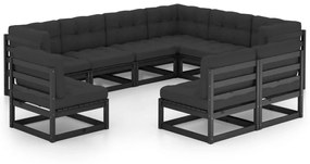 3076838 vidaXL Set mobilier grădină cu perne, 9 piese, negru, lemn masiv pin