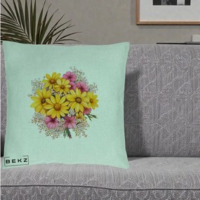 Perna Decorativa Floarea-Soarelui cu Cosmos Roz si Gypsophila, 40x40 cm, Verde Menta, Husa Detasabila, Perna Inclusa, BEKZ®