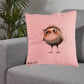 Perna Decorativa Pasare cu Penaj Zbarlit si Gene, 40x40 cm, Roz, Husa Detasabila, Perna Inclusa, BEKZ®