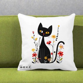 Perna Decorativa Pisica Neagra Ochi Galbeni Flori, 40x40 cm, Alba Mata, Husa Detasabila, Perna Inclusa, BEKZ®